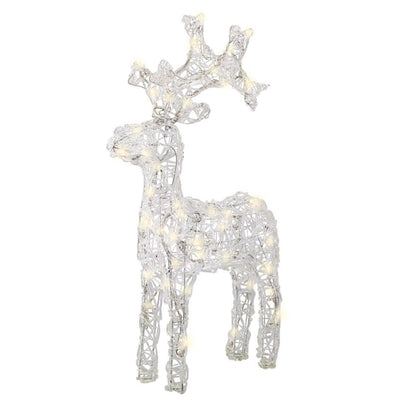 Figura natalizia a forma di renna in acrilico trasparente con luci calde, sfondo bianco.