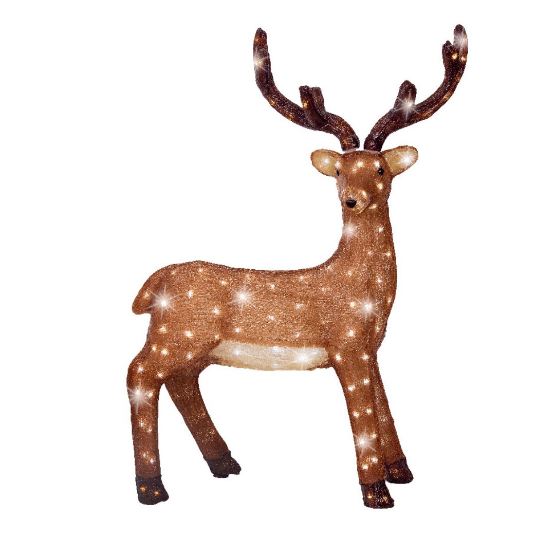 Figura decorativa in acrilico a forma di renna marrone con LED bianchi su fondo bianco.

