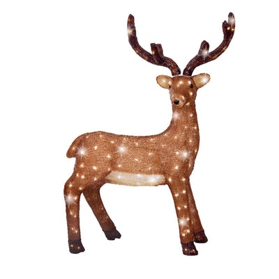 Figura decorativa in acrilico a forma di renna marrone con LED bianchi su fondo bianco.

