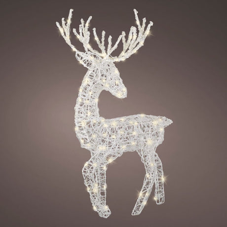 Renna in acrilico trasparente con struttura intrecciata e luci LED calde su fondo scuro.