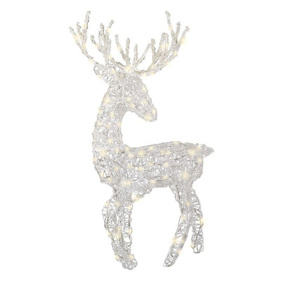 Renna in acrilico trasparente con struttura intrecciata e luci LED calde su fondo bianco.