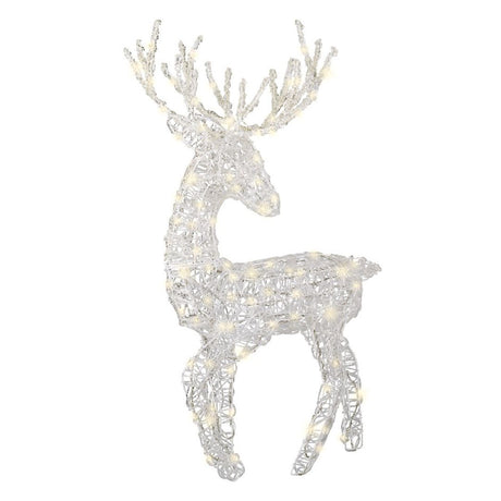 Renna in acrilico trasparente con struttura intrecciata e luci LED calde su fondo bianco.