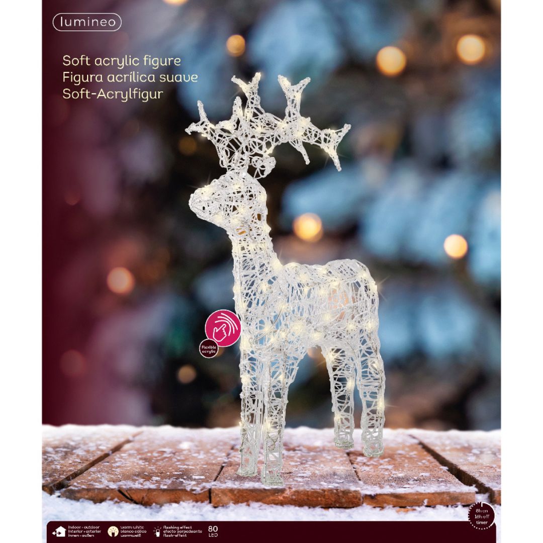 Confezione della renna luminosa in acrilico Lumineo, con 80 LED e timer integrato.