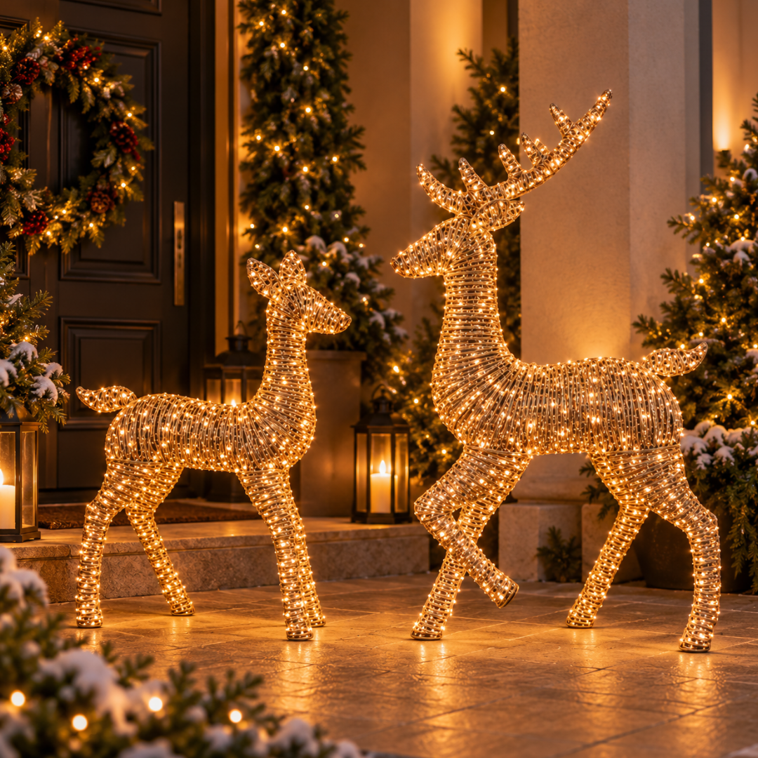 Renna e cervo luminosi oro in fibra con micro LED a luce calda ambientati all'esterno