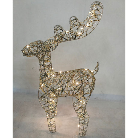 Figura natalizia a forma di renna realizzata in filo metallico dorato con micro LED bianco caldo alta 55 cm.
