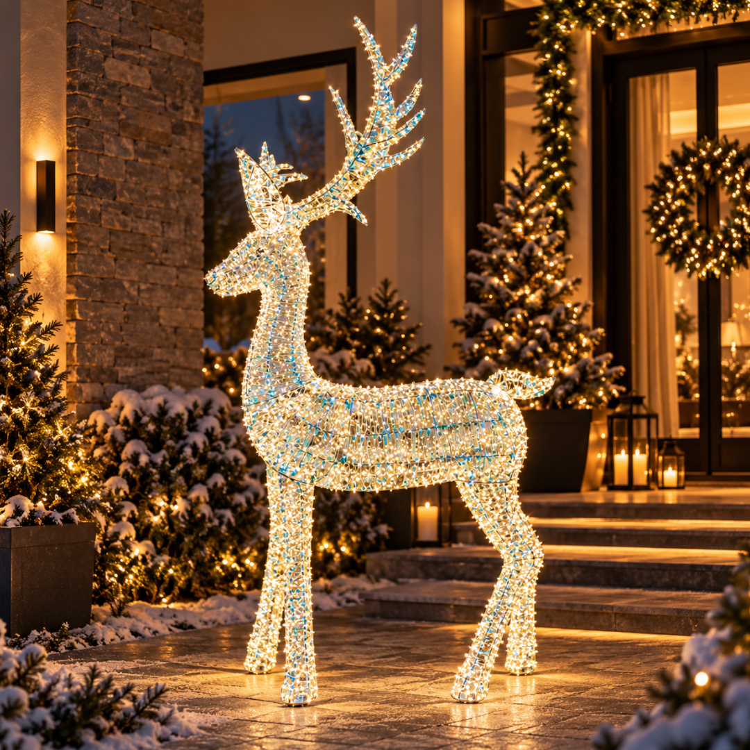 Renna luminosa bianca con micro LED a luce calda ambientata all'esterno per Natale