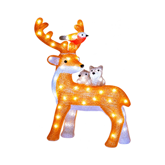 Renna luminosa in acrilico con uccellino e due cuccioli, illuminata da LED