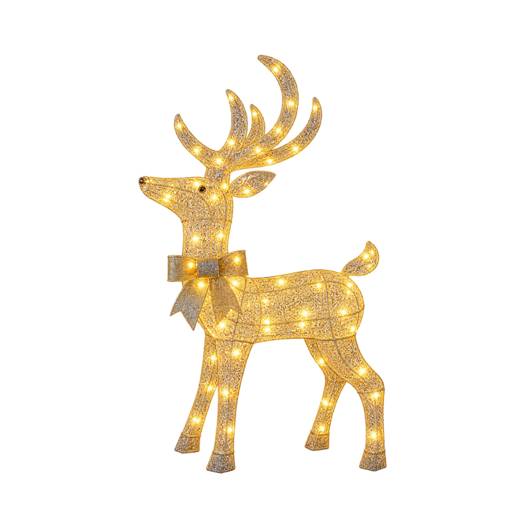 Renna natalizia luminosa oro con grandi corna, fiocco decorativo al collo e luci LED bianco caldo