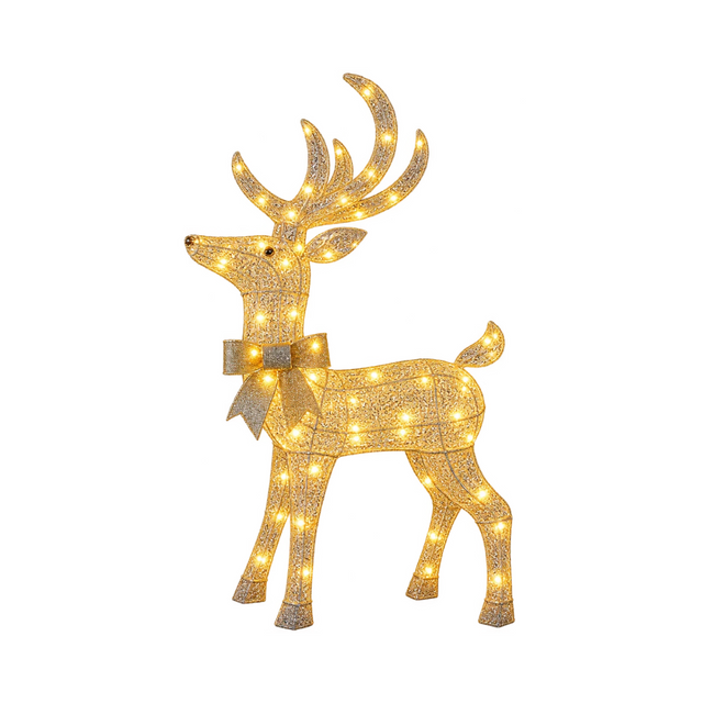 Renna natalizia luminosa oro con grandi corna, fiocco decorativo al collo e luci LED bianco caldo