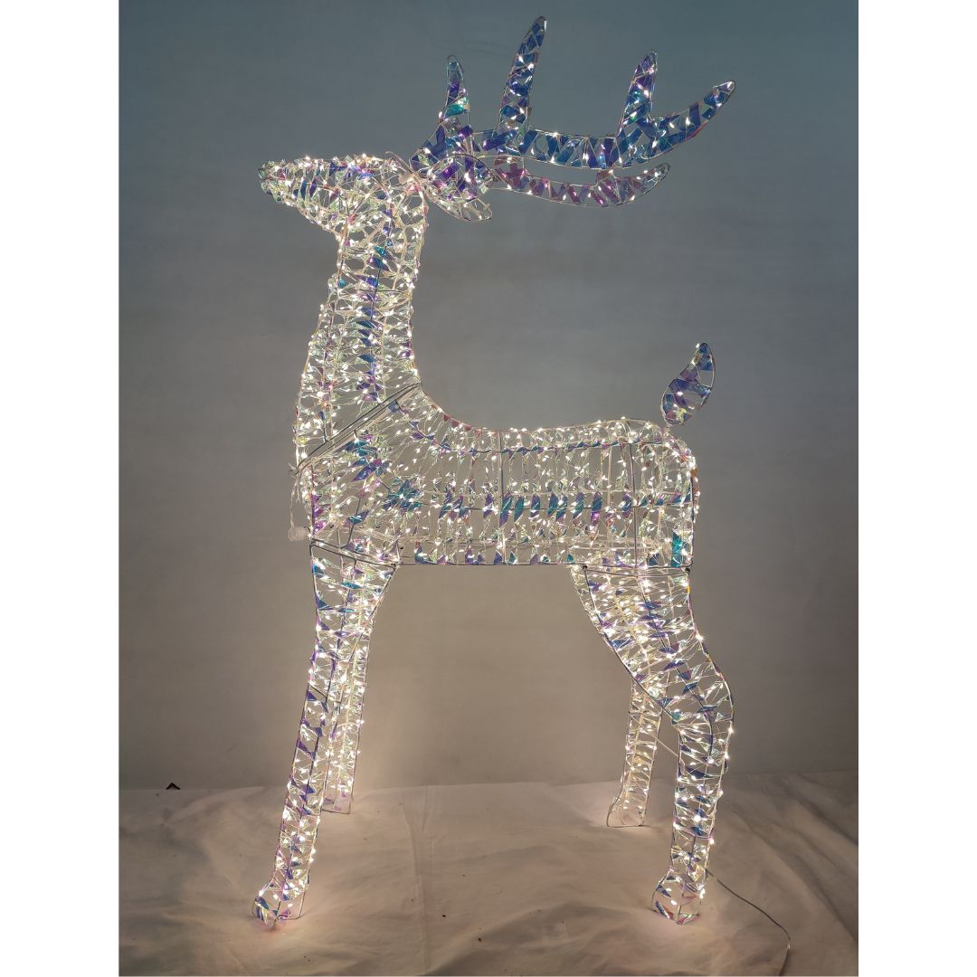 Figura luminosa natalizia a forma di renna con struttura in PET iridescente e micro LED bianco freddo alta 100cm.