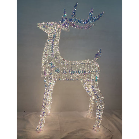 Figura luminosa natalizia a forma di renna con struttura in PET iridescente e micro LED bianco freddo alta 100cm.