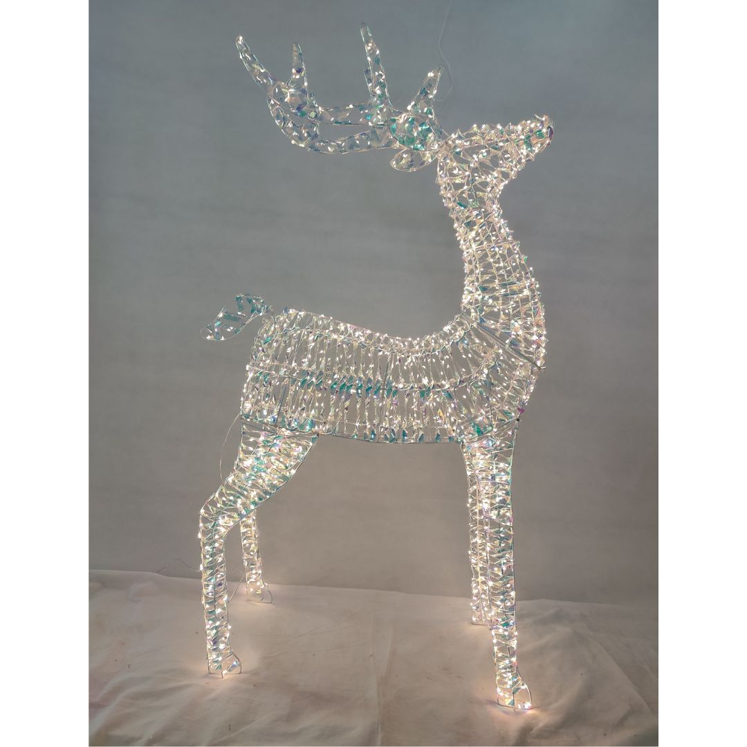 Figura luminosa natalizia a forma di renna con struttura in PET iridescente e micro LED bianco freddo alta 120cm.