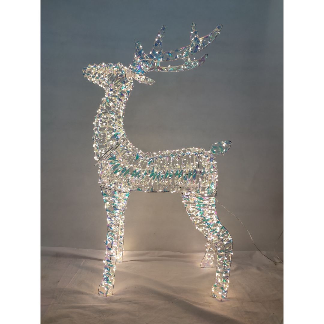 Figura luminosa natalizia a forma di renna con struttura in PET iridescente e micro LED bianco freddo alta 80cm.