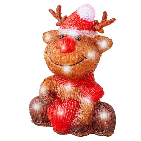 Decorazione natalizia a forma di renna con cappello rosso, sciarpa e cuore, illuminata con LED su fondo bianco.