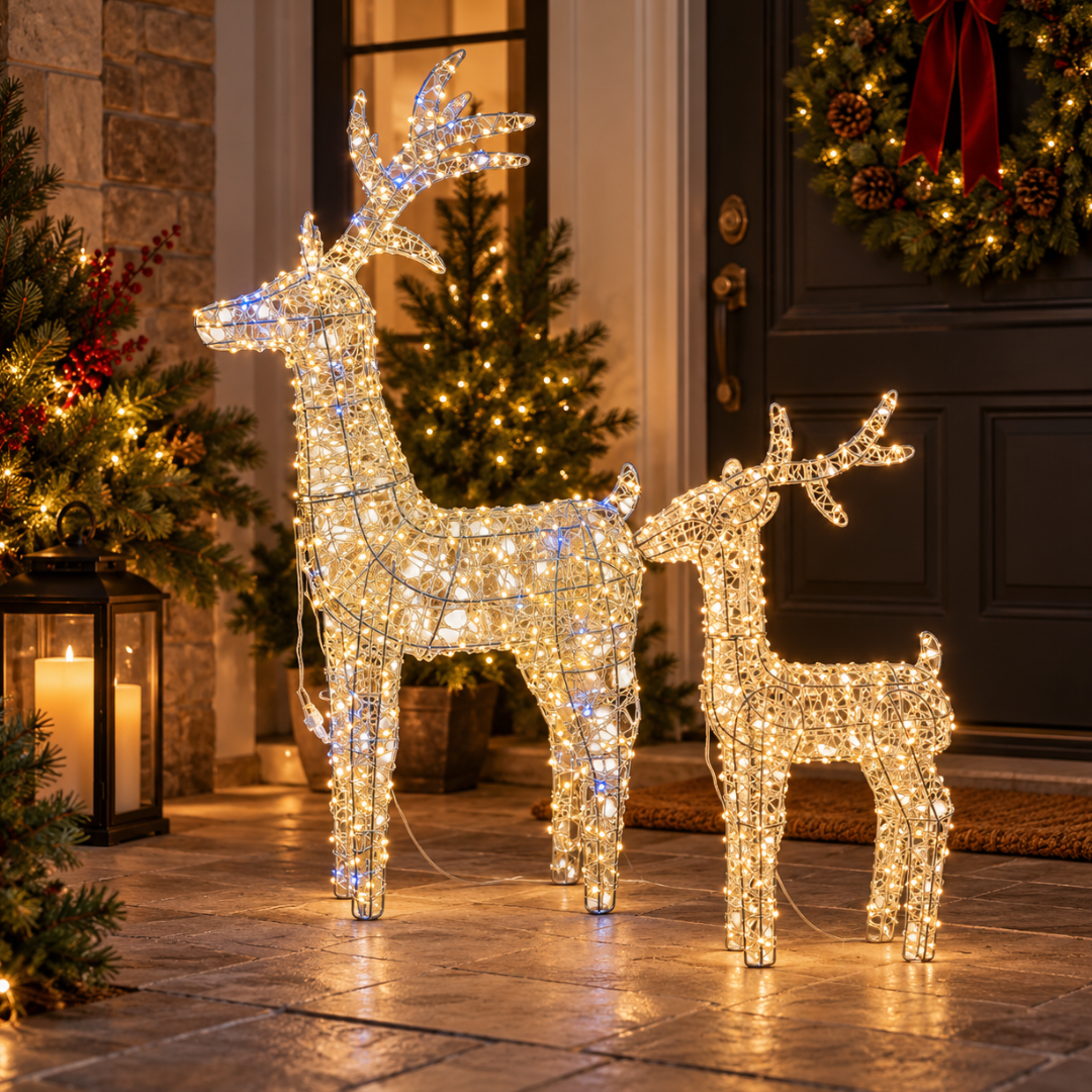 Due renne natalizie luminose Garden Team di diverse altezze, con micro LED bianco caldo, davanti a un ingresso decorato.