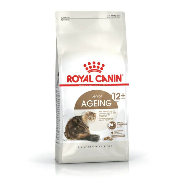 Confezione Royal Canin Senior Ageing 12+ con immagine di gatto anziano sul packaging grigio e bianco