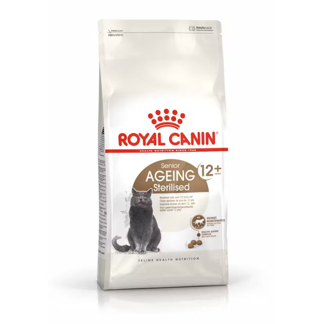 Confezione Royal Canin Senior Ageing Sterilised 12+ con immagine di gatto grigio sul packaging grigio e bianco