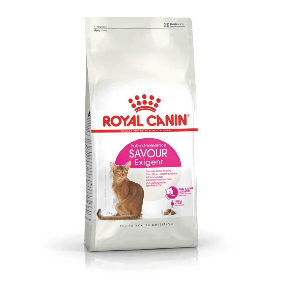 Confezione Royal Canin Savour Exigent per gatti adulti esigenti nel gusto, crocchette 2 kg con immagine di gatto rosso