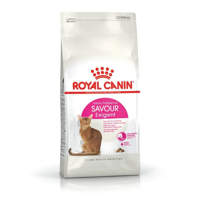 Confezione Royal Canin Savour Exigent per gatti adulti esigenti nel gusto, crocchette 2 kg con immagine di gatto rosso