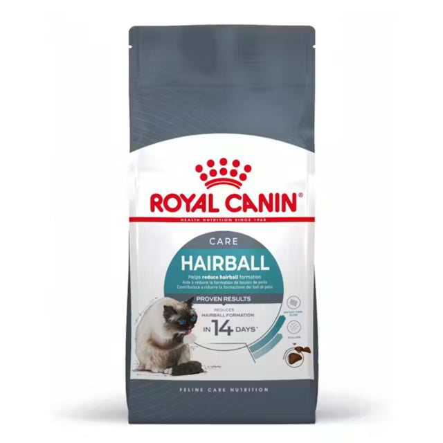 Confezione Royal Canin Care Hairball per gatti con immagine di gatto siamese sul packaging grigio e bianco