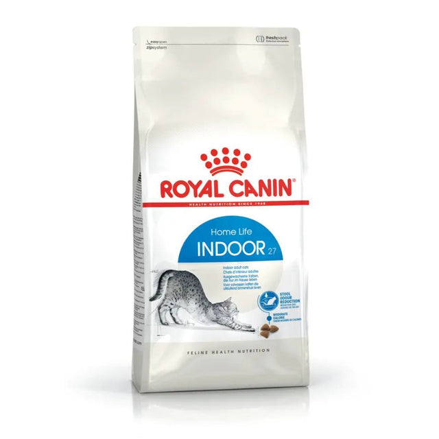 Confezione Royal Canin Home Life Indoor 27 per gatti adulti che vivono in casa, crocchette con gatto grigio e bianco