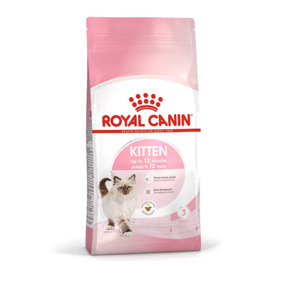 Confezione Royal Canin Kitten per gattini con immagine di gattino sul packaging rosa e bianco