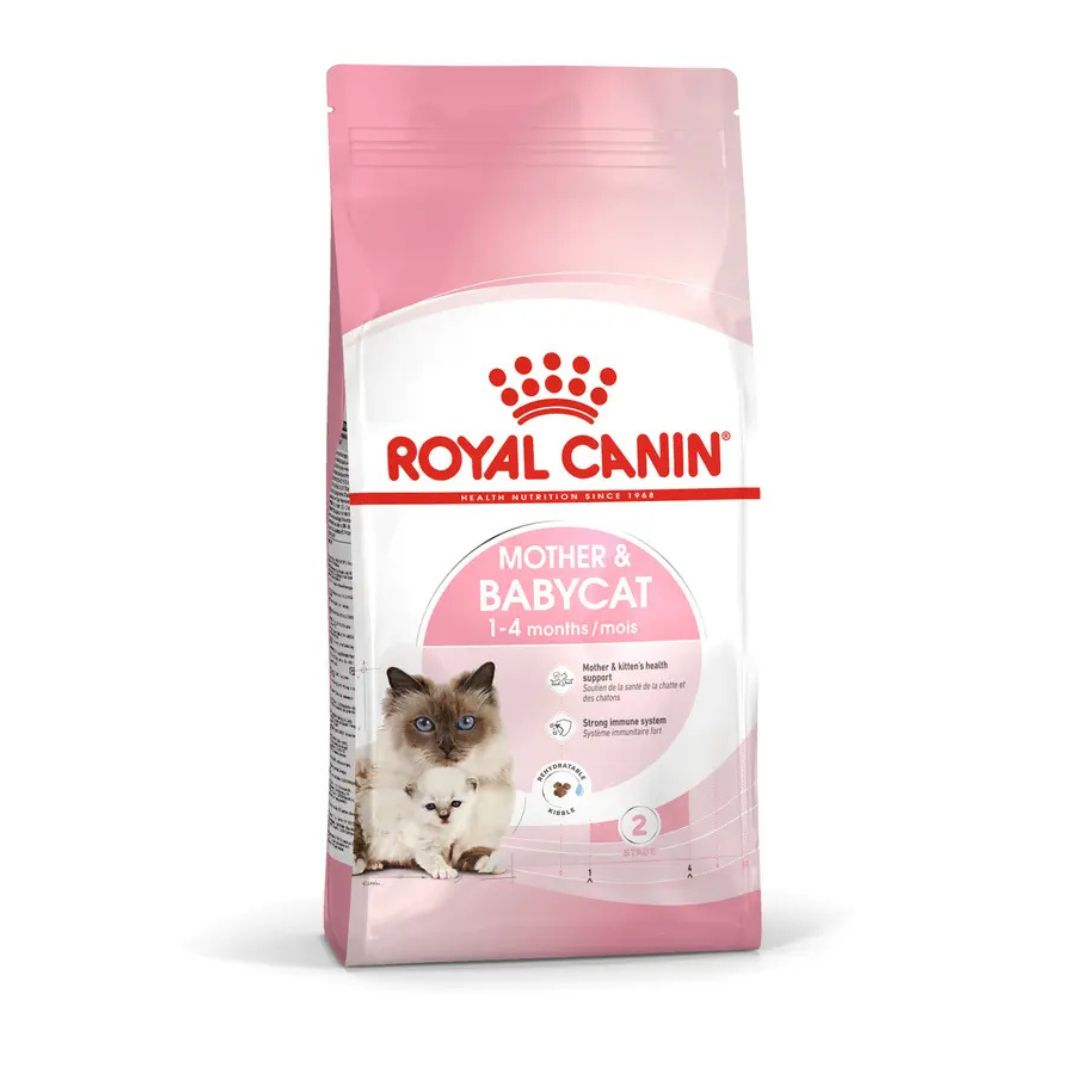 Confezione Royal Canin Mother & Babycat con immagine di gatta e gattino sul packaging rosa e bianco