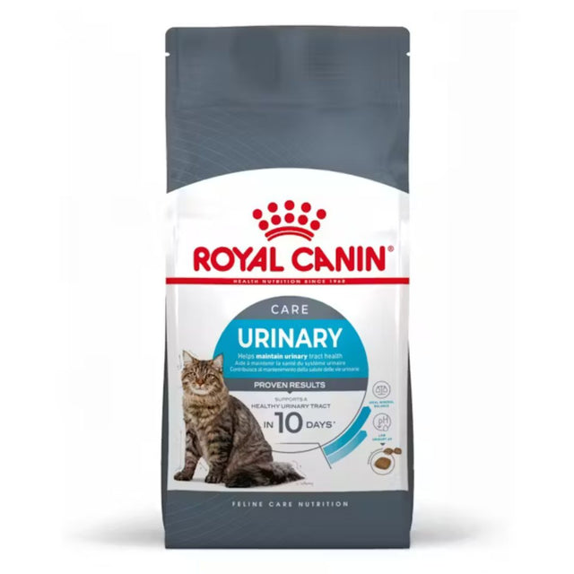 Confezione Royal Canin Care Urinary per gatti con immagine di gatto tigrato sul packaging grigio e bianco