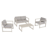 Salotto da giardino Vision composto da divanetto, due poltrone e tavolino basso crema con cuscini beige