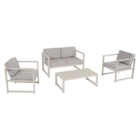 Salotto da giardino Vision composto da divanetto, due poltrone e tavolino basso crema con cuscini beige