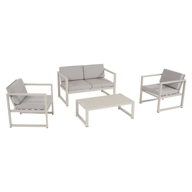 Salotto da giardino Vision composto da divanetto, due poltrone e tavolino basso crema con cuscini beige