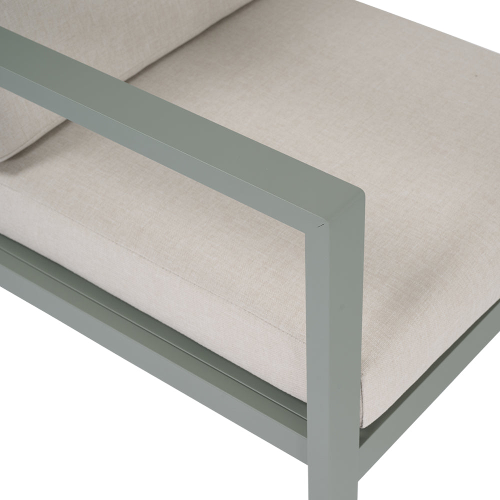 Bracciolo del salotto da giardino Vision con struttura in alluminio verde salvia e cuscini beige