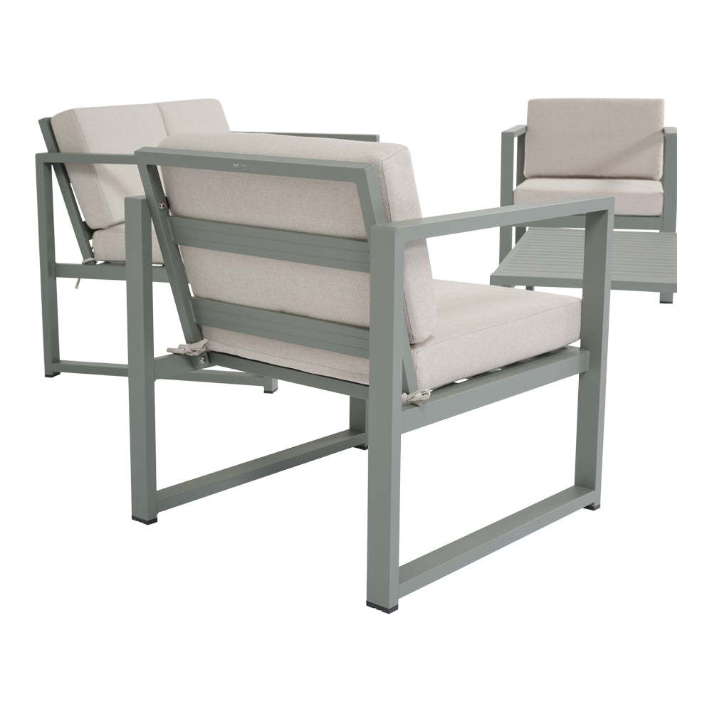 Poltrona del salotto da giardino Vision vista laterale con struttura verde salvia e cuscini beige