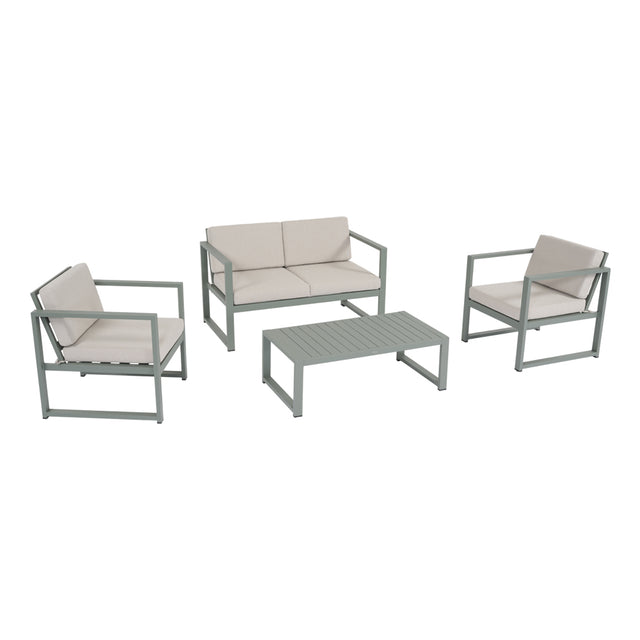 Salotto da giardino Vision composto da divanetto, due poltrone e tavolino basso verde salvia con cuscini beige