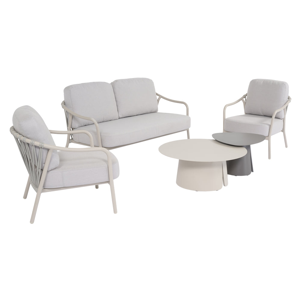Salotto da giardino Nora con divanetto, due poltrone e tavolini bassi color crema e taupe