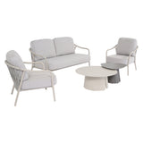 Salotto da giardino Nora con divanetto, due poltrone e tavolini bassi color crema e taupe