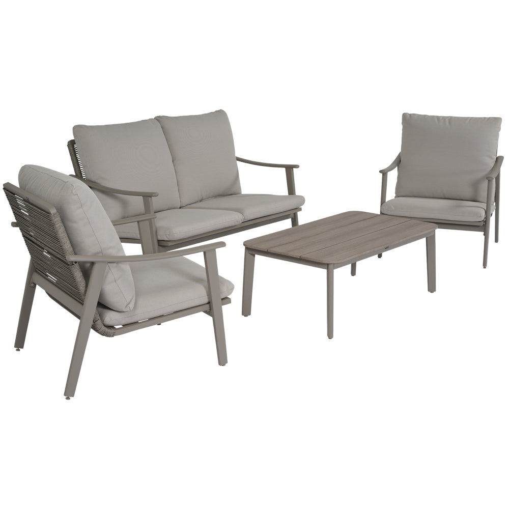 Salotto da giardino Palmer con divanetto, due poltrone e tavolino basso in finitura taupe
