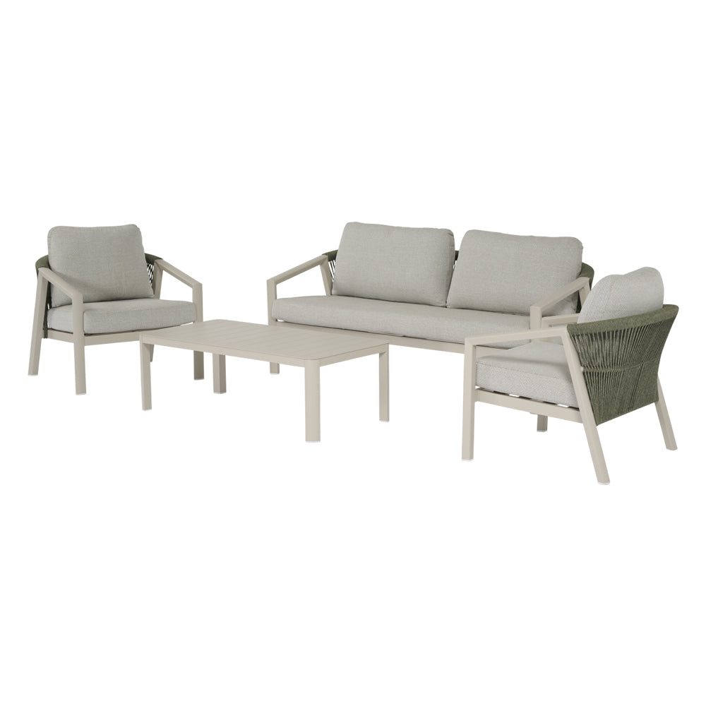 Salotto da giardino Raja con divanetto, due poltrone e tavolino basso color sabbia con intreccio verde oliva