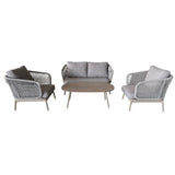 Salotto da giardino in alluminio crema con corda beige, due poltrone, divano a due posti e tavolino con top in polywood.