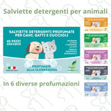 Salviette igieniche per cani, gatti e cuccioli in diverse profumazioni.