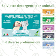 Salviette igieniche per cani, gatti e cuccioli in diverse profumazioni.