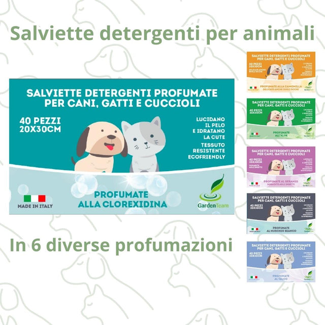 Salviette igieniche per cani, gatti e cuccioli in diverse profumazioni.