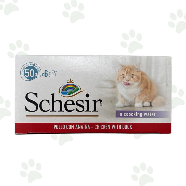 Confezione multipack Schesir 6x50 g filetti di pollo con anatra in acqua di cottura per gatti.