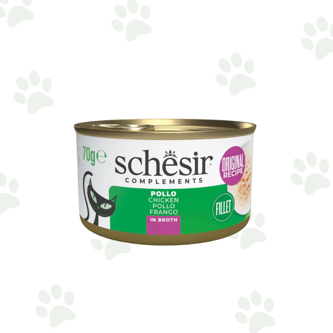 Lattina Schesir dell'alimento umido complementare per gatto con filetti di pollo in brodo 70 g.