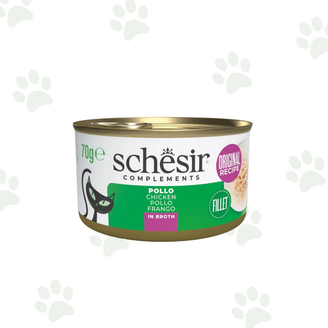 Lattina Schesir dell'alimento umido complementare per gatto con filetti di pollo in brodo 70 g.