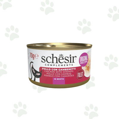 Lattina Schesir dell'alimento umido complementare per gatto con filetti di pollo e gamberetti da 70 g.