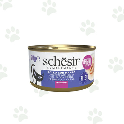 Lattina Schesir dell'alimento umido complementare per gatto con filetti di pollo e manzo da 70 g.