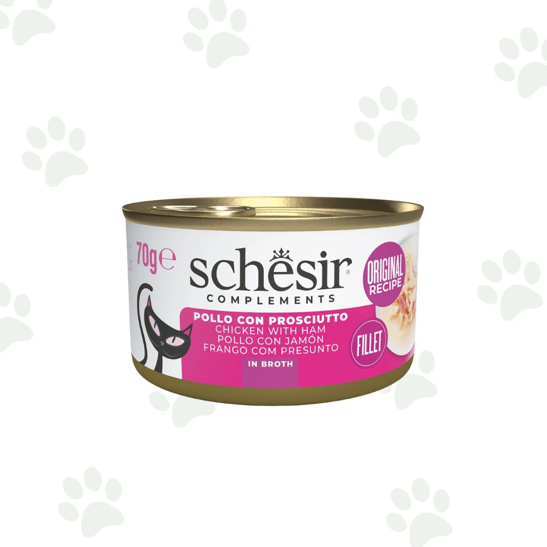 Lattina Schesir dell'alimento umido complementare per gatto con pollo e prosciutto da 70 gr.