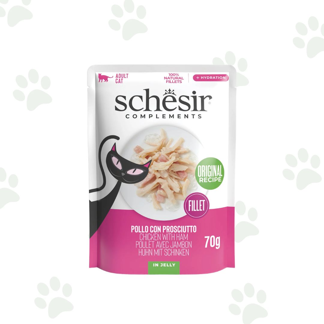 Bustina Schesir dell'alimento umido per gatto con filetti di pollo e prosciutto in gelatina 70 g.