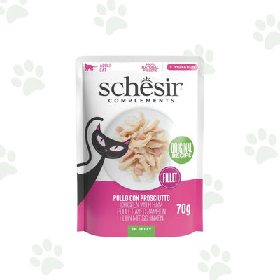Bustina Schesir dell'alimento umido per gatto con filetti di pollo e prosciutto in gelatina 70 g.